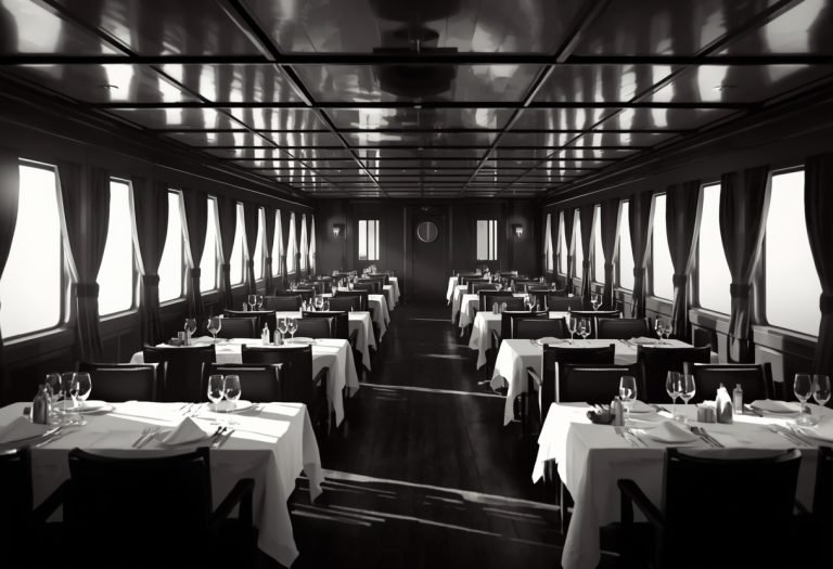 A formal dinner scene aboard a ship in 1933, with passengers in evening wear seated at tables, revealing the rigid class