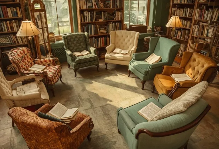 Illustration of armchairs with books left face-down on the seats, for Silent Book Clubs in Tampa Bay, Tampa Bay, Florida