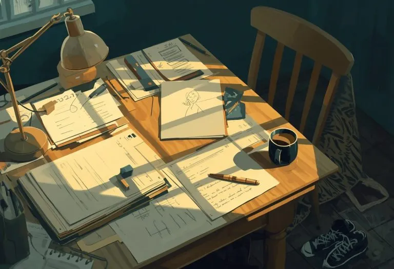 A parent sits at a desk with a laptop, papers, and a coffee mug, working on writing while a child's toy sits nearby on the