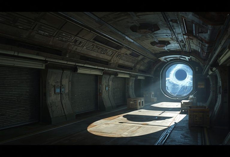 The cast of Deep Space Nine stands on the bridge of Deep Space Nine station, with a wormhole visible through the window