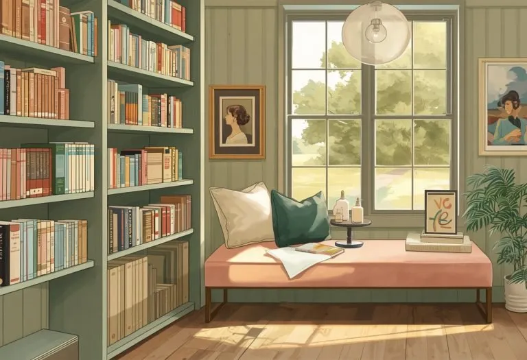 Illustration of a bright corner of pastel paperbacks, for Steamy Lit in Tampa, Florida