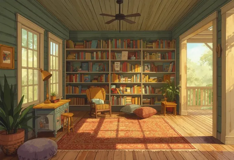Illustration of a house room set up as a children's bookshop, for The Story Garden in St. Petersburg, Florida