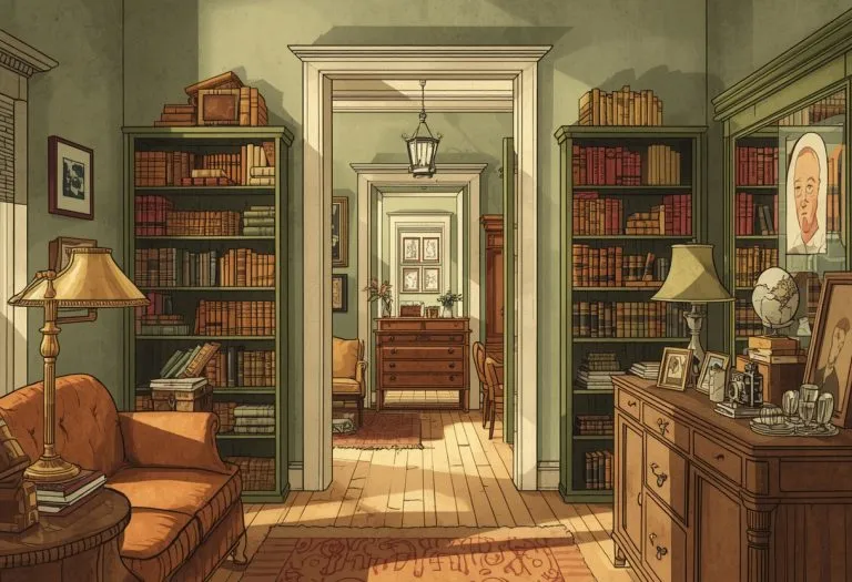 Illustration of old leather books among antique furniture, for TampaAntiquesandBooks in Tampa, Florida