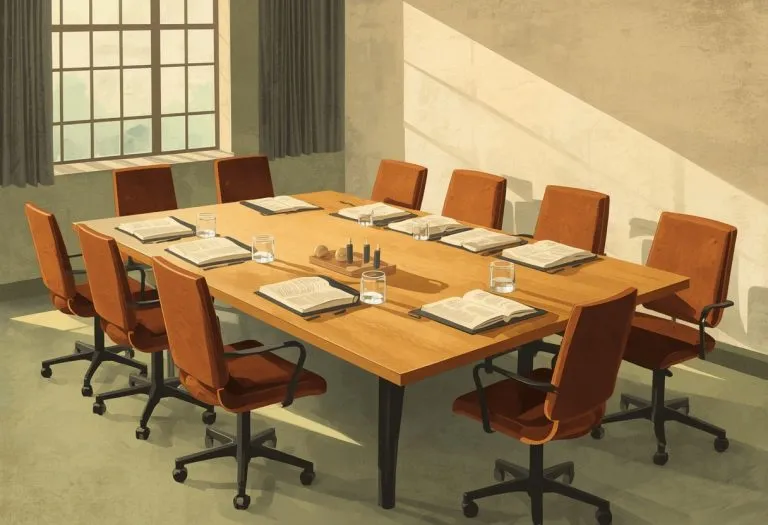 Illustration of a meeting room table with a book at each place, for Book Clubs in Tampa Bay, Tampa Bay, Florida