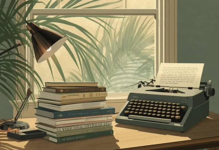Illustration of literary journals fanned beside a typewriter, for Tampa Bay Literary Magazines, Tampa Bay, Florida