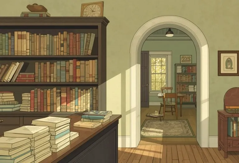 Illustration of a shelf of secondhand paperbacks, for Tarpon Springs Public Library in Tarpon Springs, Florida