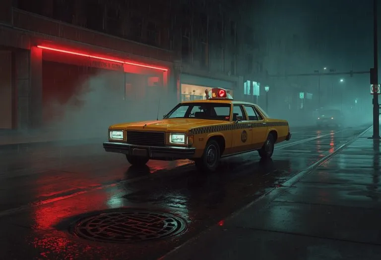 Travis Bickle sits alone in his taxi at night, the city lights blurred through the windshield behind him. TITLE: Travis