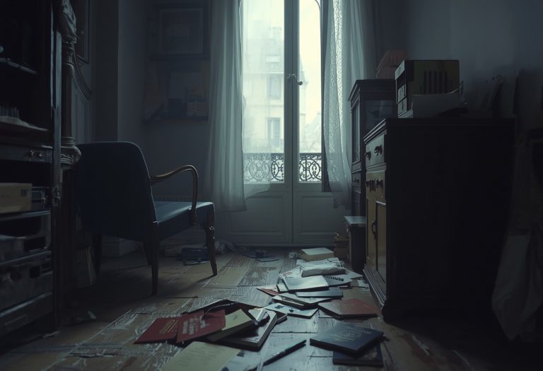 Matt Damon as Jason Bourne stands in a Paris apartment after a fight, looking shaken and bloodied, with a ballpoint pen