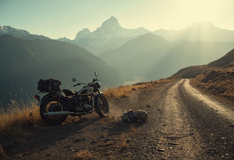 Two men on a motorcycle in front of mountains and desert landscape during their 1952 journey across South America. TITLE