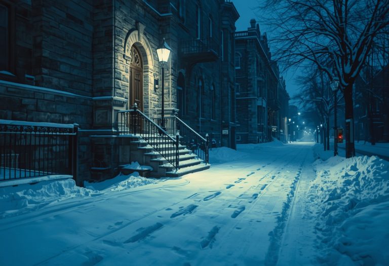 A woman in dark clothing lies on a snow-covered Montreal street at night, a reversed crucifix visible around her neck.