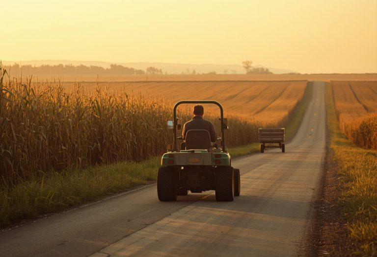 An elderly man sits on a riding lawnmower in a vast Iowa cornfield under clear sky. TITLE: Alvin on John Deere Mower Iowa