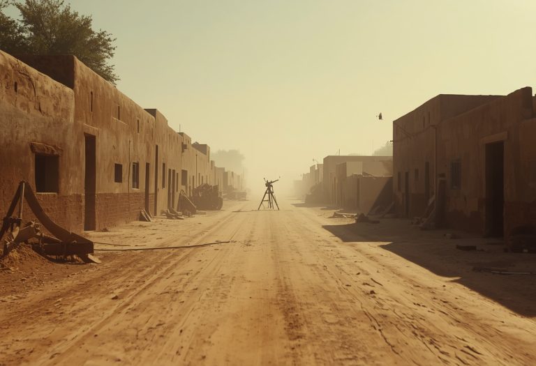 Four men in Western clothing walk side by side down a dusty road toward an uncertain fate. TITLE: The Wild Bunch Final Walk