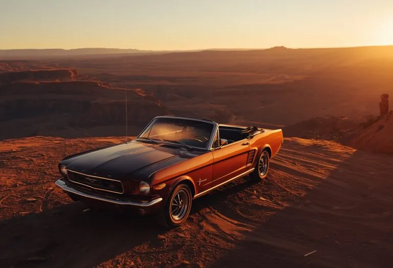Two women in a convertible driving through desert landscape, looking ahead at the road. TITLE: Thelma and Louise in