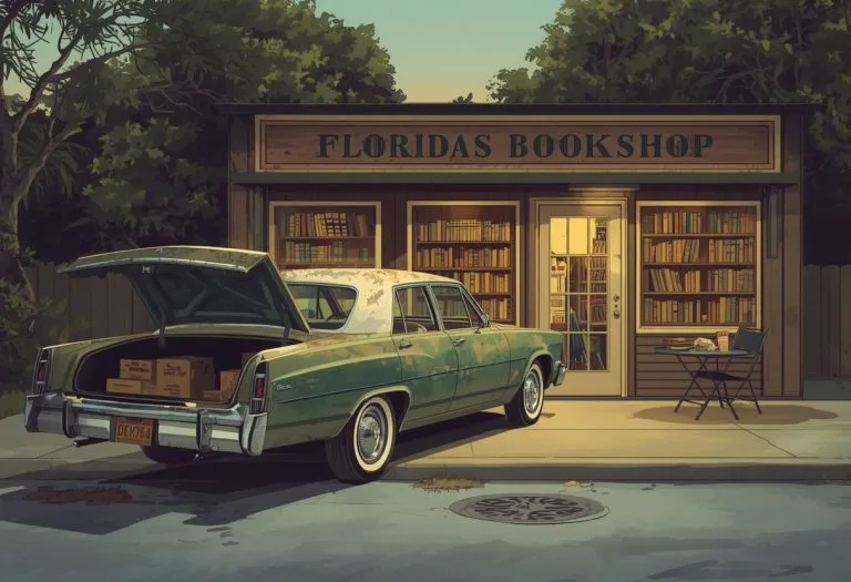 Illustration of a weathered car and a signing table at dusk, for Tim Dorsey, Florida Novelist, Tampa Bay, Florida