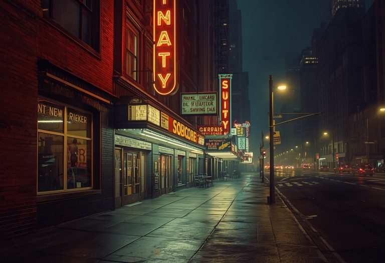Two teenage girls stand on a neon-lit 42nd Street at night, surrounded by theater marquees and storefronts in 1970s Times