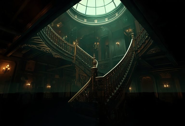 The bow of the Titanic tilts upward as the ship breaks apart and sinks into the ocean at night. TITLE: Titanic Sinking Scene