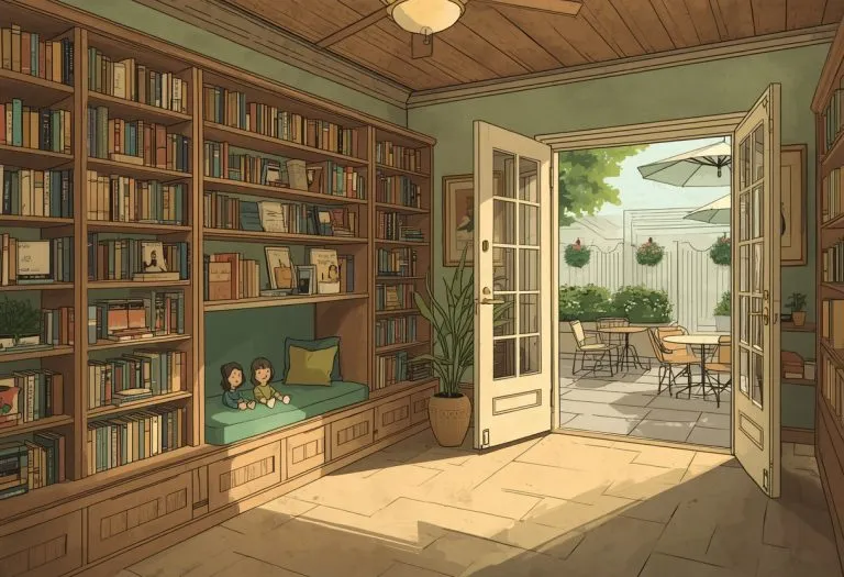 Illustration of a compact bookshop with a children's nook, for Tombolo Books in St. Petersburg, Florida