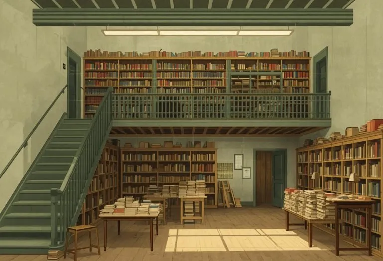 Illustration of a two-floor library with a book shop, for Town 'N Country Regional Library in Tampa, Florida