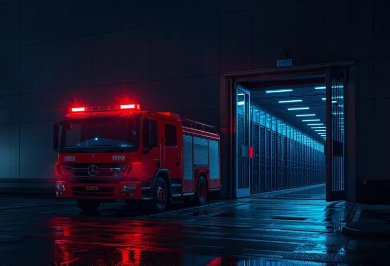 A fire truck parked outside a building, symbolizing emergency response without prevention infrastructure. TITLE: Fire