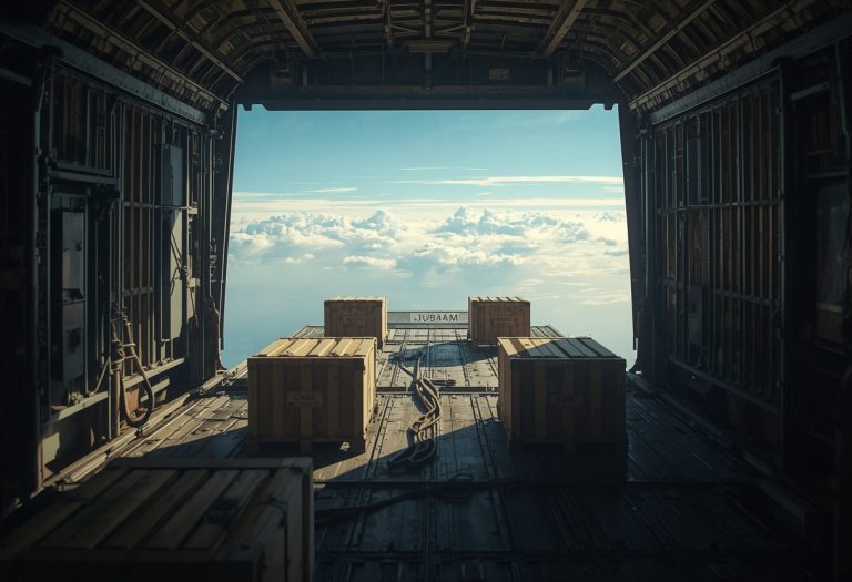 Tom Holland as Nathan Drake stands among falling cargo crates inside a military transport plane during an action sequence.