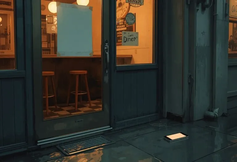A hand-lettered diner sign taped to a door, reading "No substitutions. Don't even ask," grease-stained and worn.