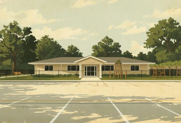 Illustration of a library with a fenced playground, for West St. Petersburg Library in St. Petersburg, Florida
