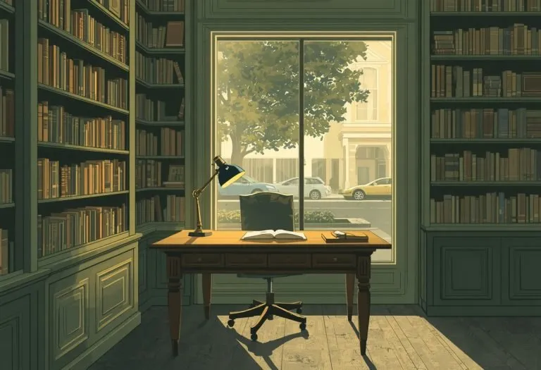 Illustration of a bookshop working table with a lamp, for Where to Write in St. Petersburg, Tampa Bay, Florida