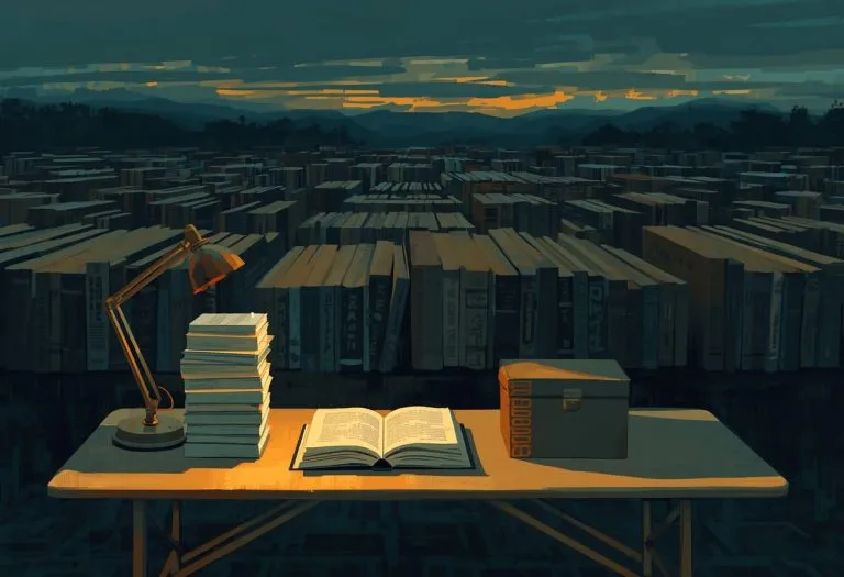 Stack of printed self-published books on a table, representing the challenge of getting noticed among millions of titles.