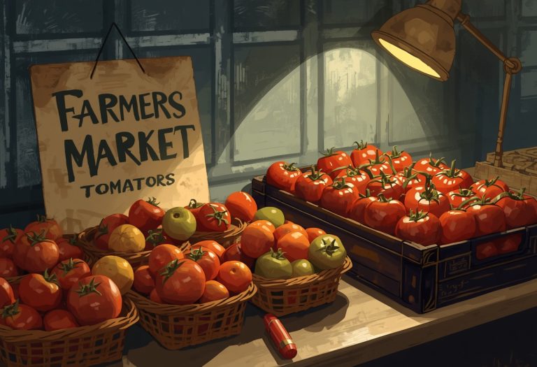 A crowded farmers market stall selling mass-produced tomatoes next to vendors with homegrown produce, illustrating