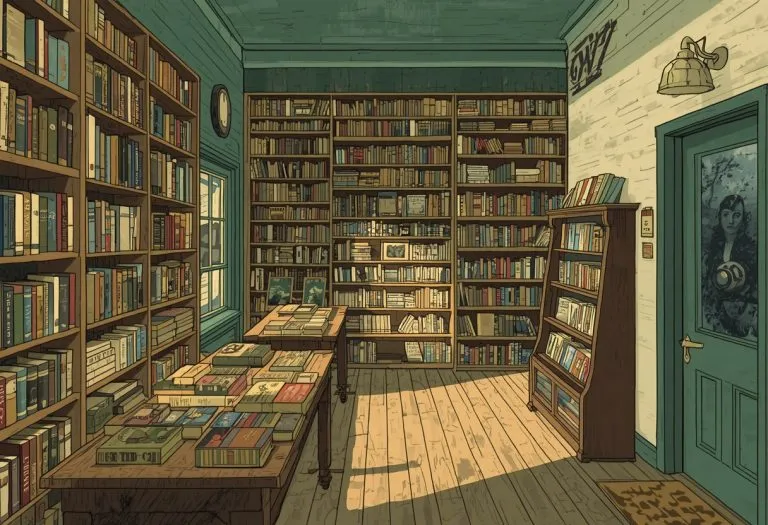 Illustration of a densely shelved secondhand bookshop, for Wilson's Book World in St. Petersburg, Florida