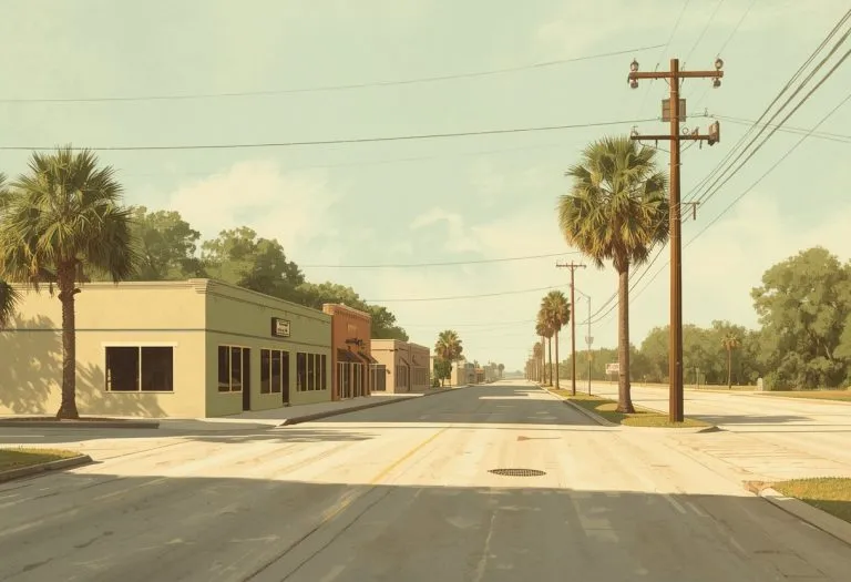 Illustration of an ordinary Florida side street in flat light, for Writing Florida as a Setting, Tampa Bay, Florida