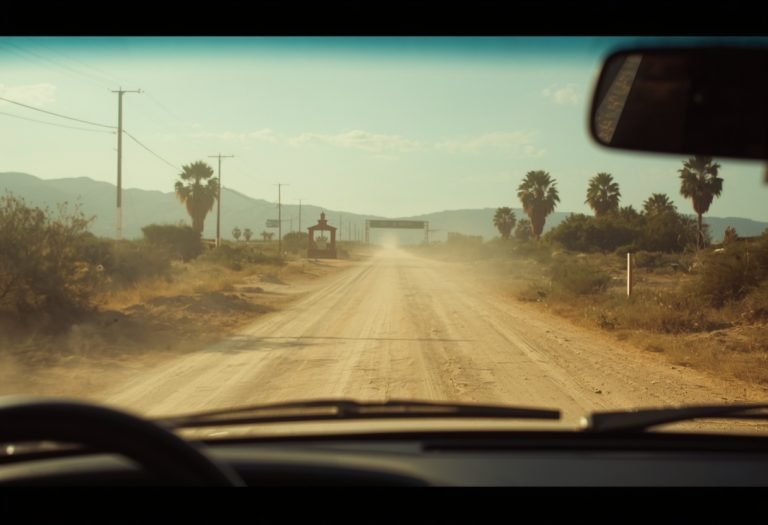 Two teenage boys and an adult woman sit in a car during a road trip through Mexico.