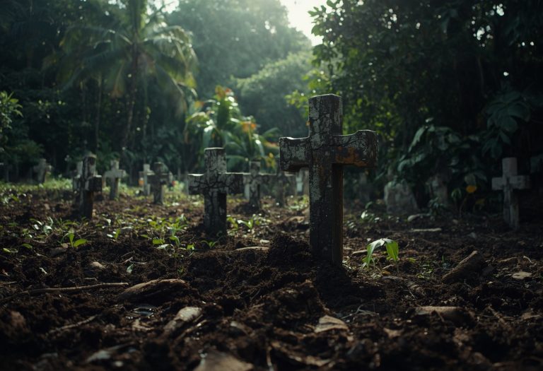 A rotting zombie corpse in advanced decomposition, covered in dirt and decay, rising from the ground in a cemetery. TITLE