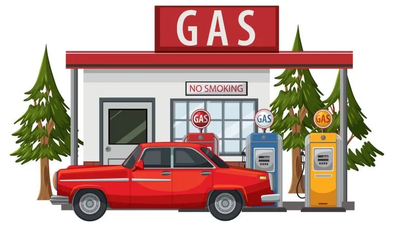 Red Sedan Refueling at Classic Gas Station Illustration