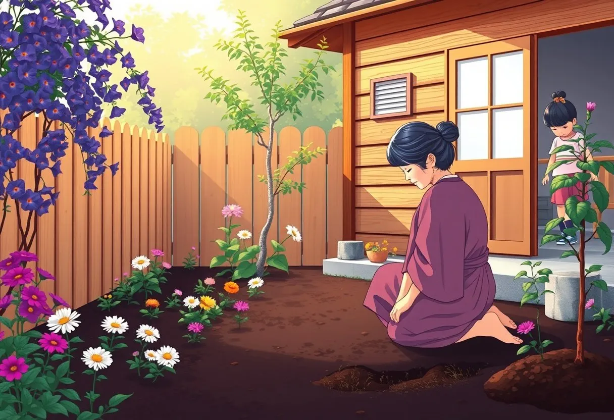 A Japanese woman kneels in her flowering backyard garden at dawn while her young daughter watches from the veranda.