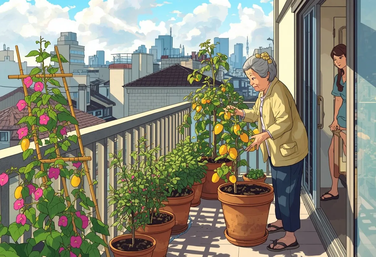 An elderly Japanese woman adjusts a potted lemon tree on her daughter's sunny Tokyo balcony garden while the daughter watches.