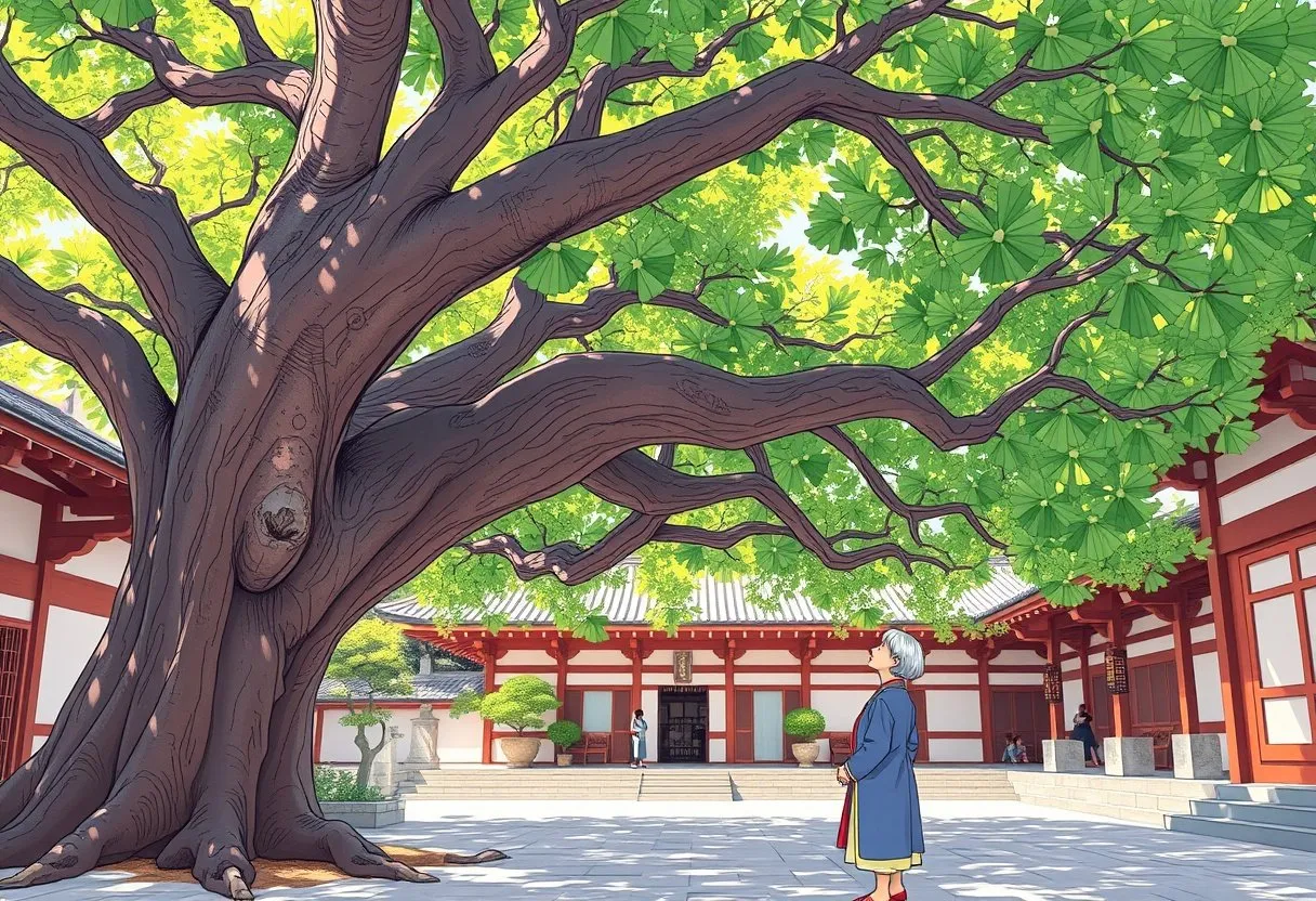 An older Japanese woman stands beneath a huge, scarred ginkgo tree in a sunlit temple courtyard, gazing up at its leaves.