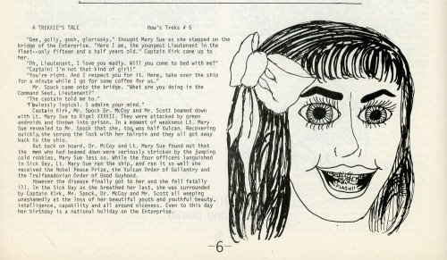 A typed fanzine page of A Trekkie's Tale by Paula Smith beside a drawing of a starry-eyed young woman with a bow in her hair