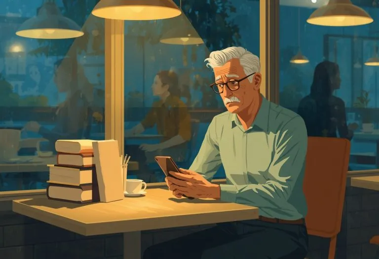 A person sitting alone while others point and gesture accusingly, representing online mob behavior and social rejection.