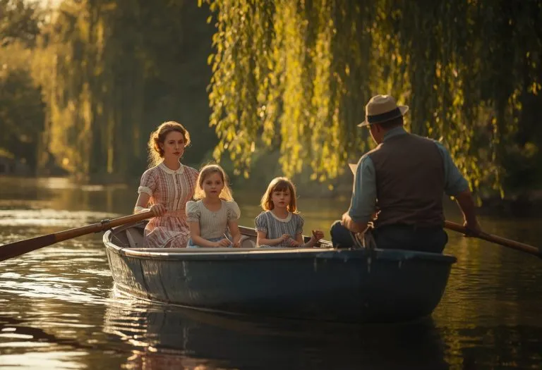 A rowing boat on the Thames near Oxford, likely from the 1860s era, evoking the setting where Charles Dodgson told the Alice