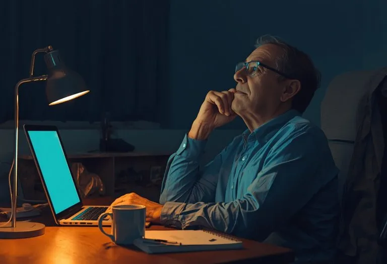 A person typing on a keyboard while talking to Claude on screen, with a speech bubble showing a gentle or concerned