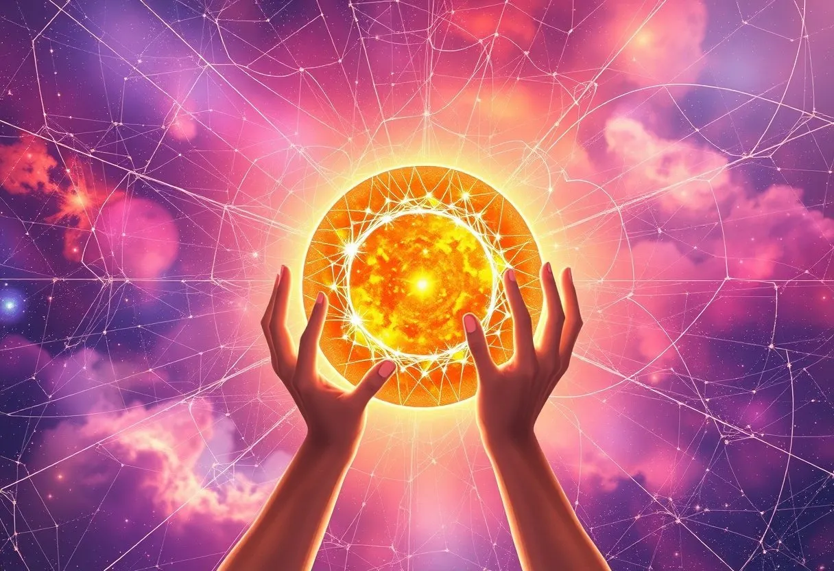 A shimmering web of light wraps an aging orange star as gentle hands of light coax glowing loops of plasma back into place.