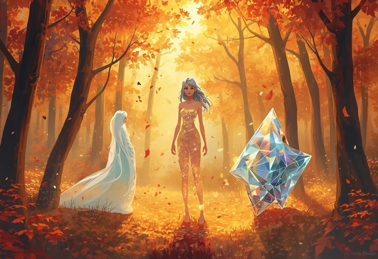 A silver-haired woman stands in a glowing autumn grove beside figures made of water, starlight, crystal and glowing geometry.