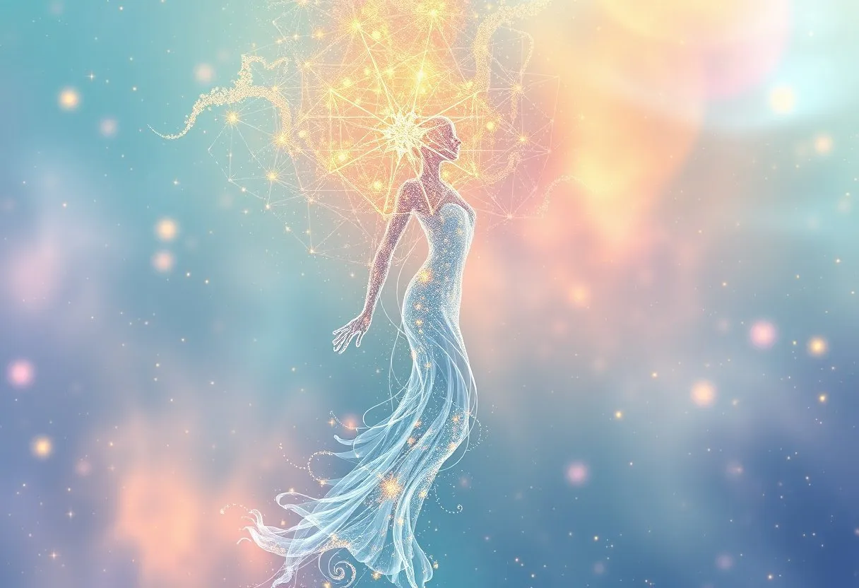 A figure made of flowing water dissolves into sparkling mist as glowing golden geometric patterns spiral around her in pastel space.