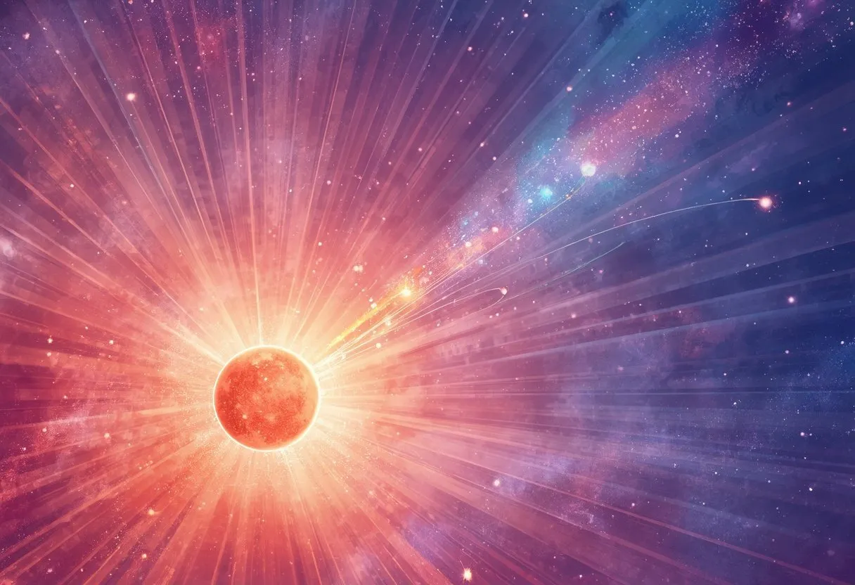 Small glowing seed-like orbs launch on arcing trails of light from a dimming orange star into pastel-tinted deep space.