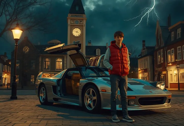 A still from Back to the Future showing Marty McFly standing next to the DeLorean time machine in Hill Valley, 1985.