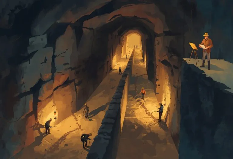 Two tunnel crews digging toward each other from opposite sides of a mountain, meeting in the middle with their tools.