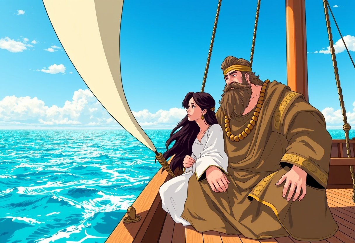 A weathered bearded king leans toward a calm, dark-haired young woman on the sunlit deck of an ancient ship.
