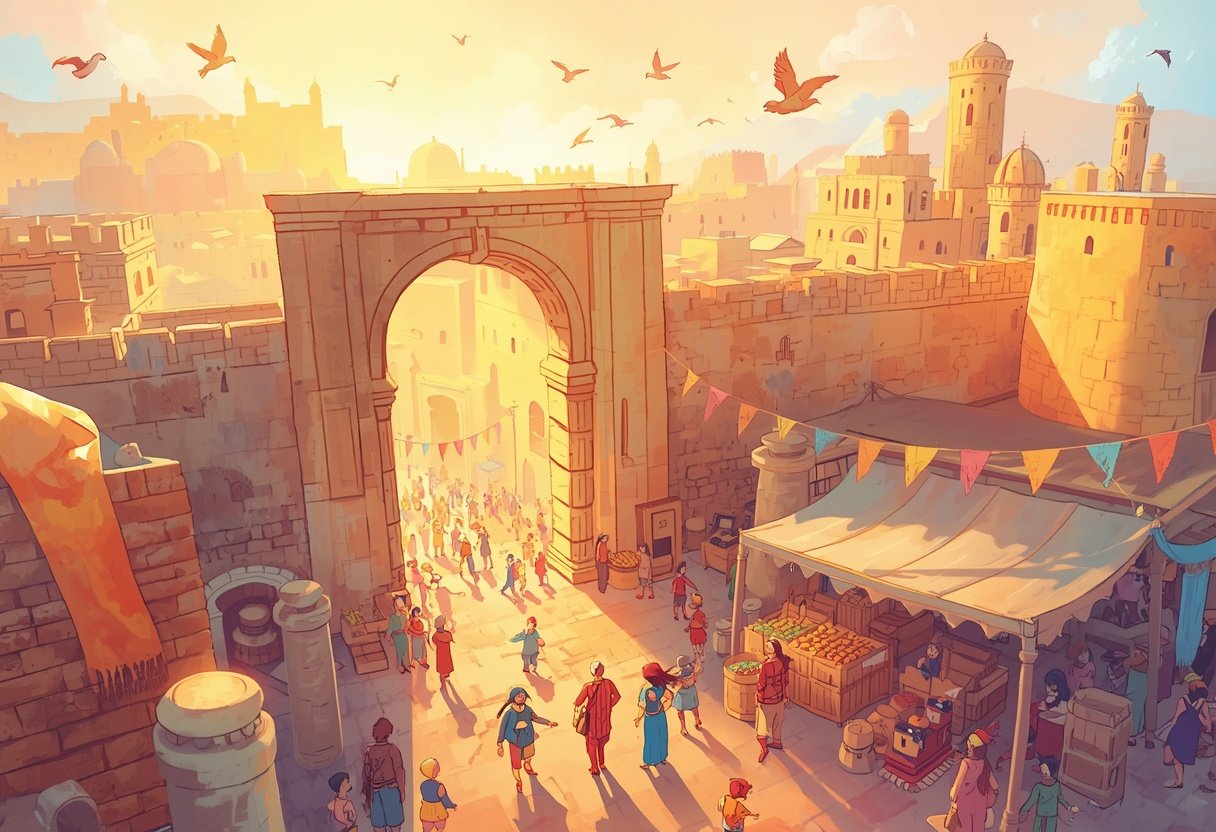An ancient walled city glows golden in morning light, its gates open and its marketplace full of merchants and families.