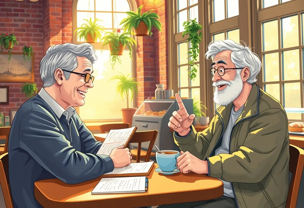 A gray-haired writer with a notebook listens as a lively silver-haired man stirs his coffee and tells a story in a sunny cafe.